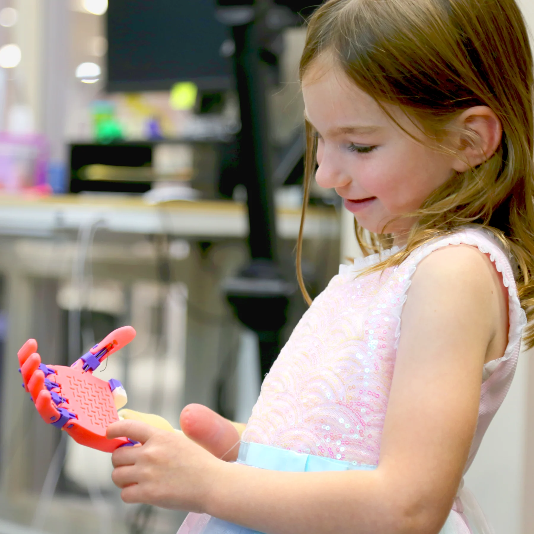 Young girl looking at prosthetic arm