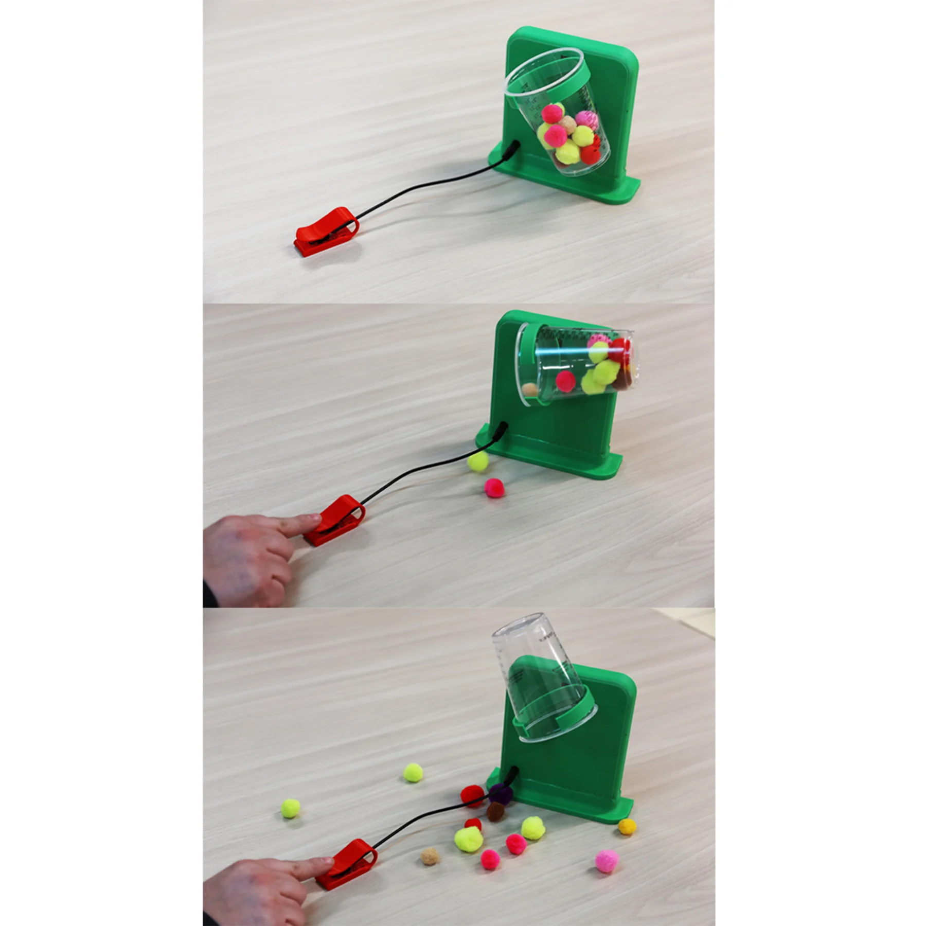 Pouring Device in 3 photos showing pom pom balls falling out of cup