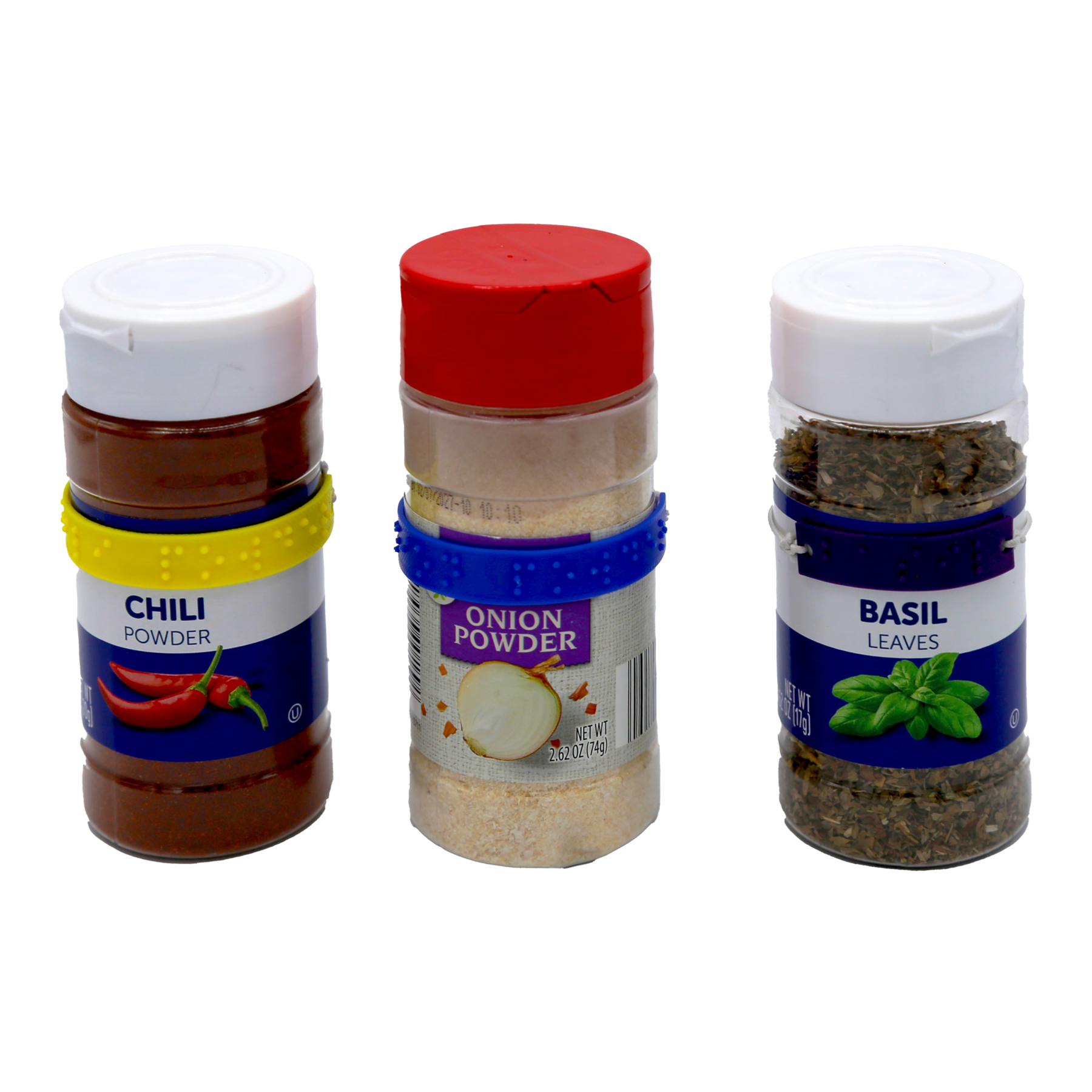 Braille Labels product photo featuring chili powder, onion powder, and basil