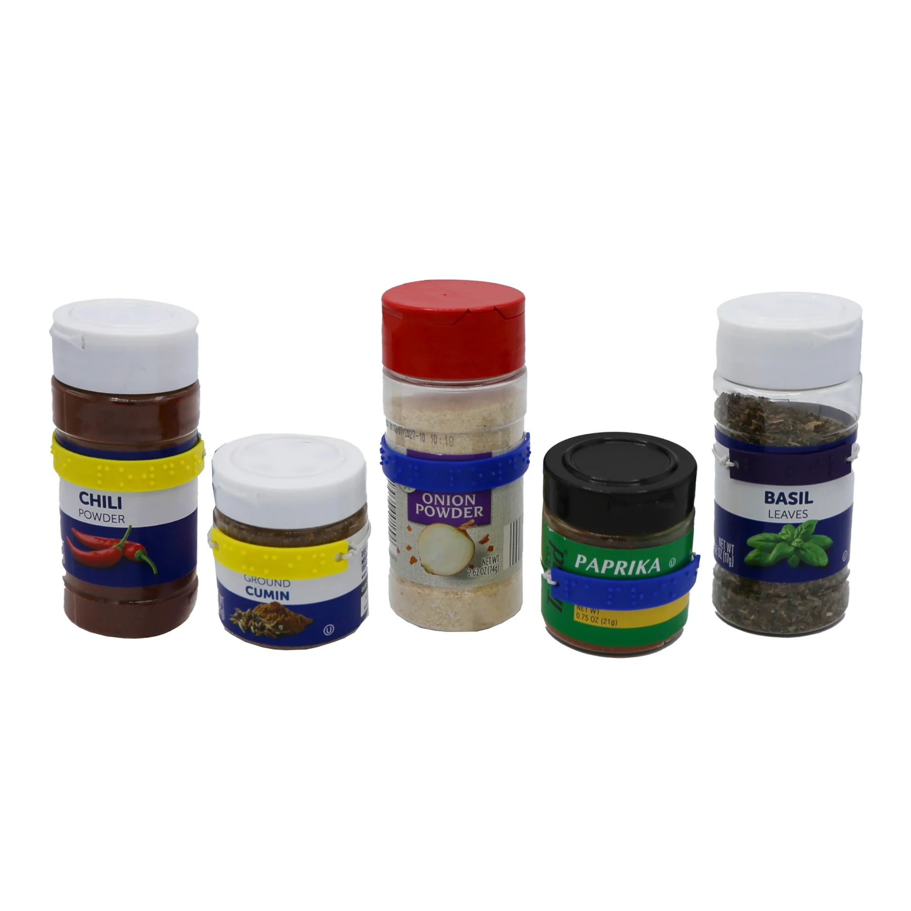 Braille Spice labels Product Photo five different spices
