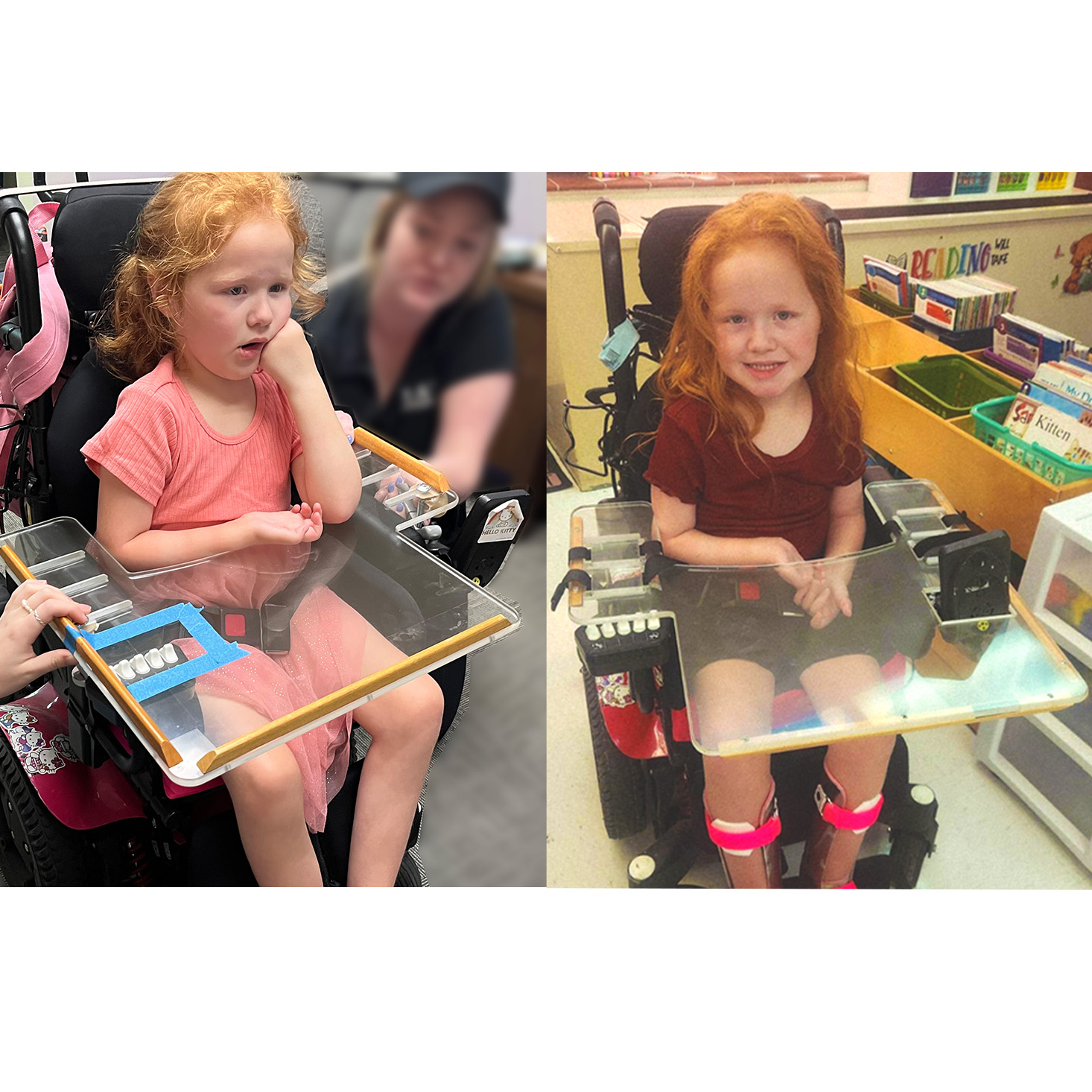 Rhea with old lap tray on the right side of the picture, New lap tray on the left side of the picture