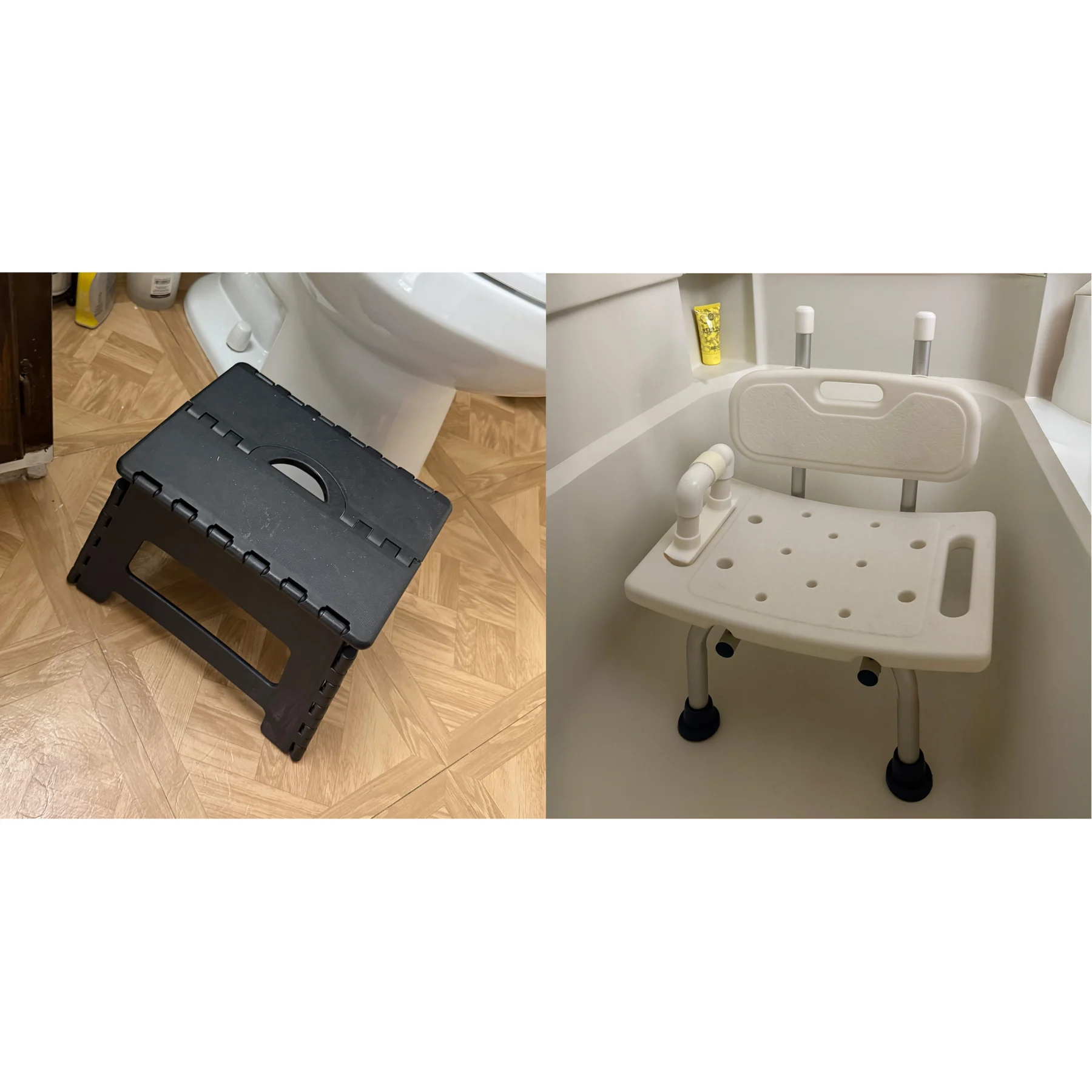 The before image of a foldable footstool as a shower chair, next to the image of the new modified shower chair in bathroom setting